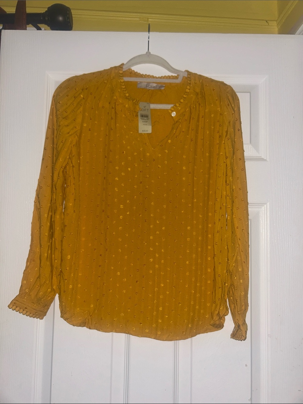 Mustard Dot Swiss-Texture Long-Sleeve Blouse